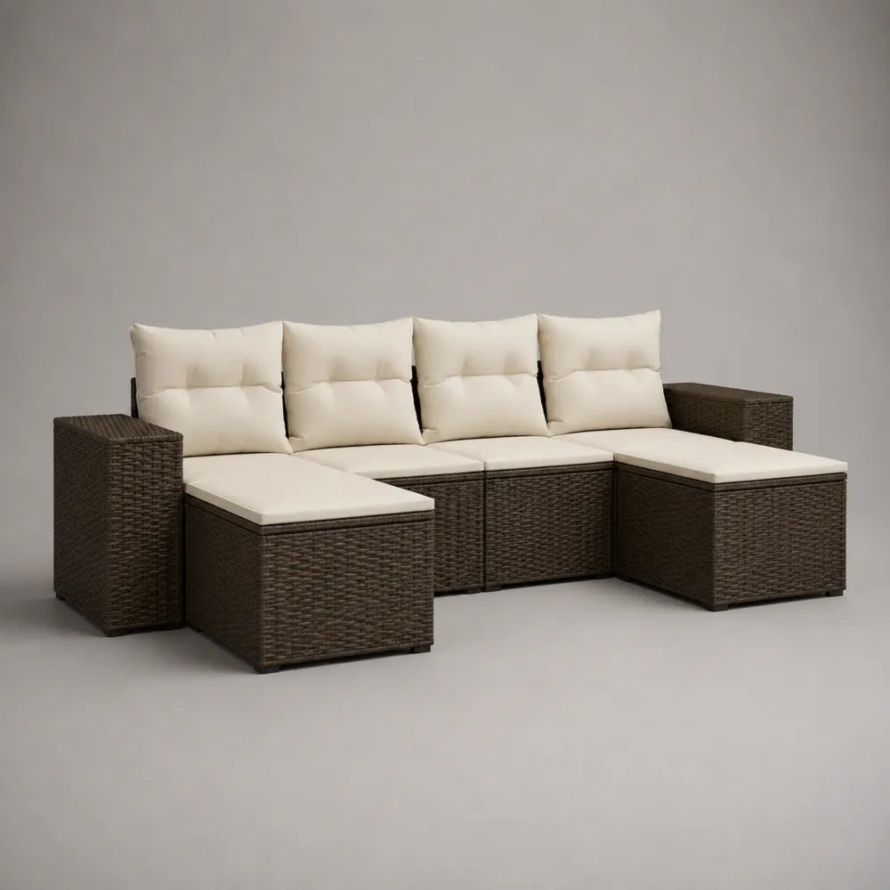 Divano da giardino modulare angolare in rattan sintetico marrone con cuscini beige 260x200x70 cm