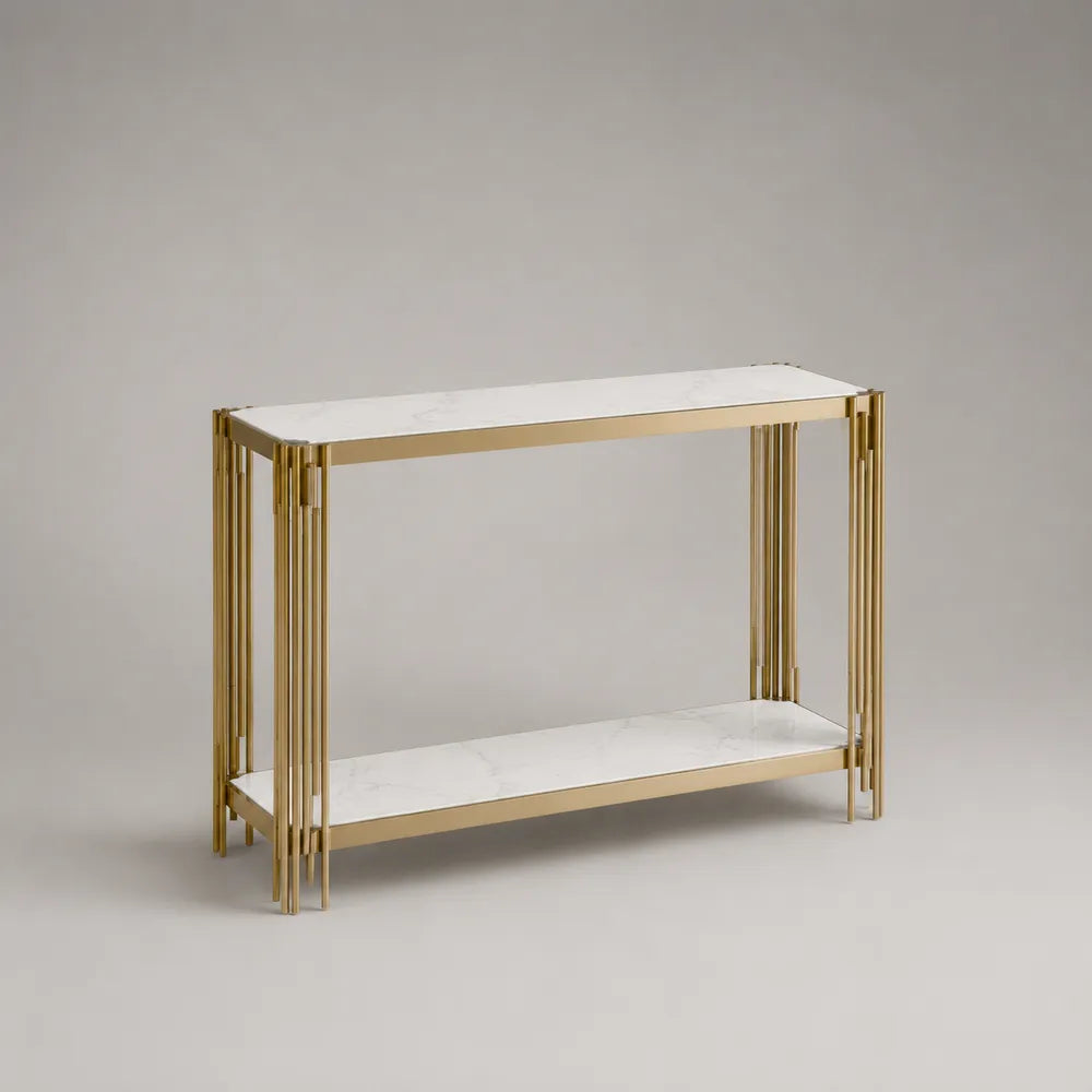Consolle ingresso rettangolare con 2 ripiani in MDF effetto marmo bianco e struttura in acciaio dorato 120x35x80 cm