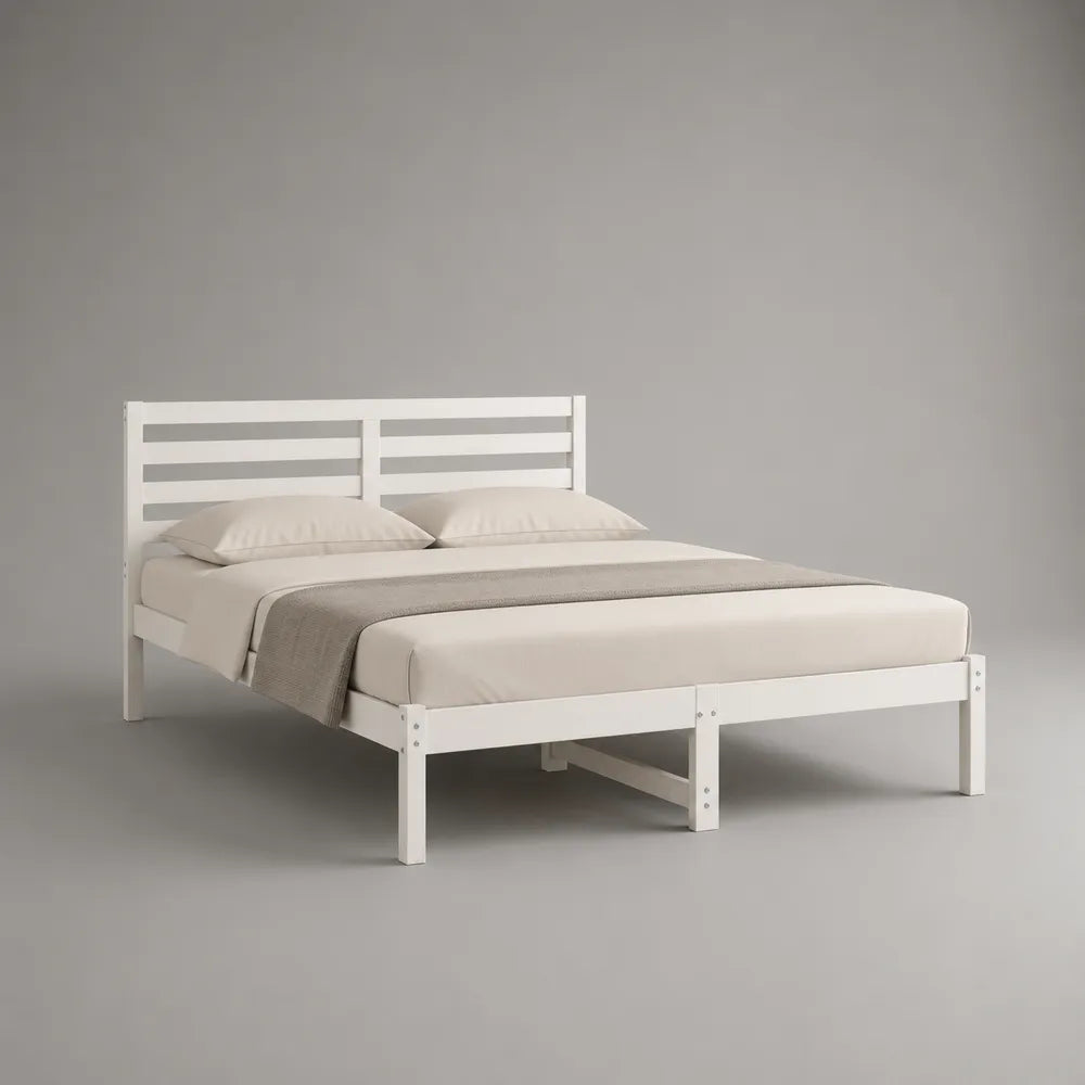 Letto matrimoniale in acciaio verniciato bianco con testiera a doghe 160 x 200 cm