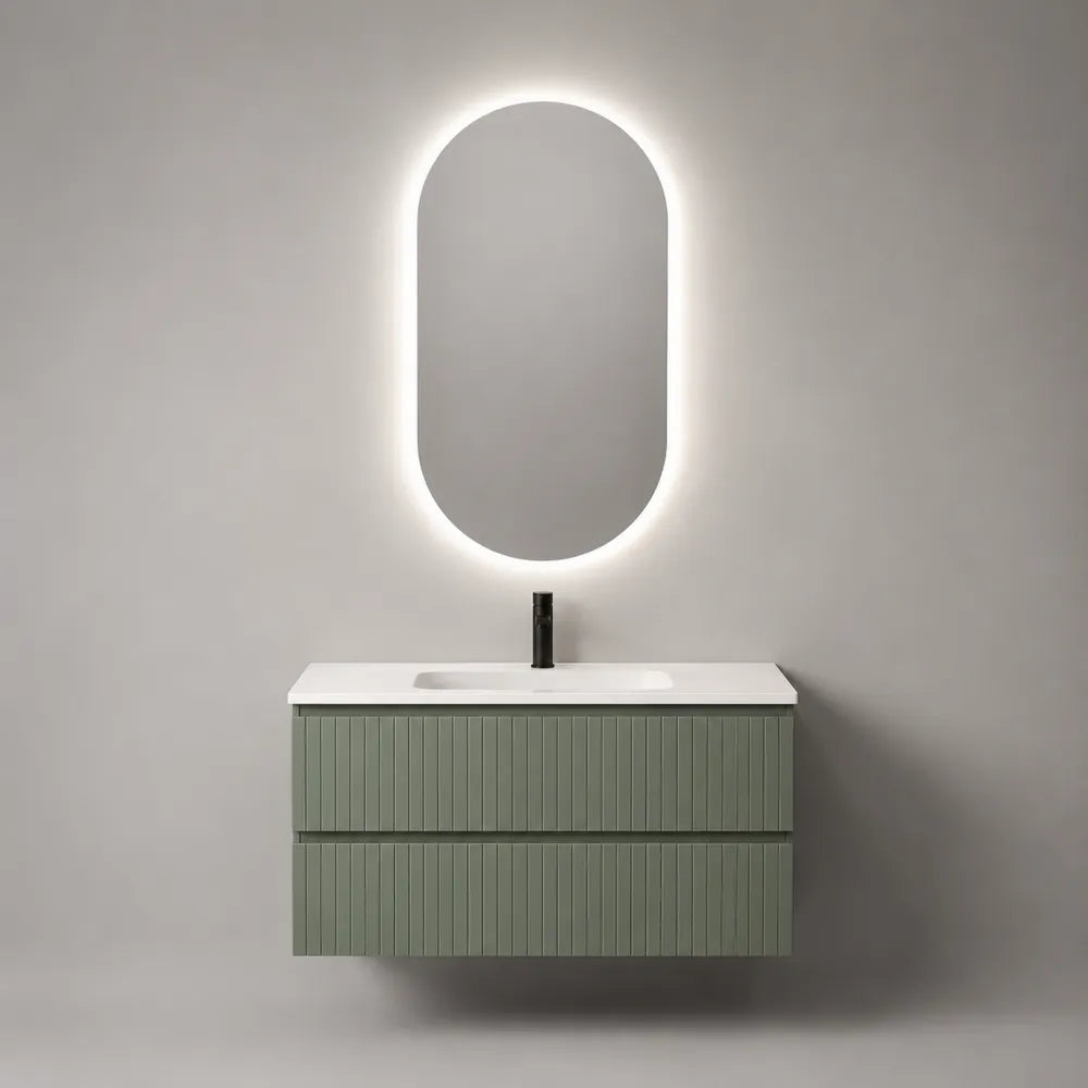 Mobile bagno sospeso con lavabo integrato a 2 cassetti in MDF verde salvia 100x45x50 cm con specchio LED ovale