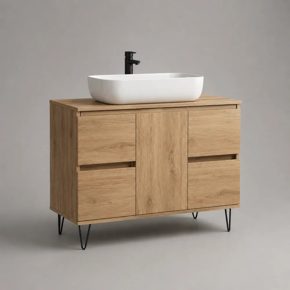 Mobile sottolavabo bagno in MDF effetto rovere con ante e cassetti e gambe in acciaio nero 120x45x80 cm