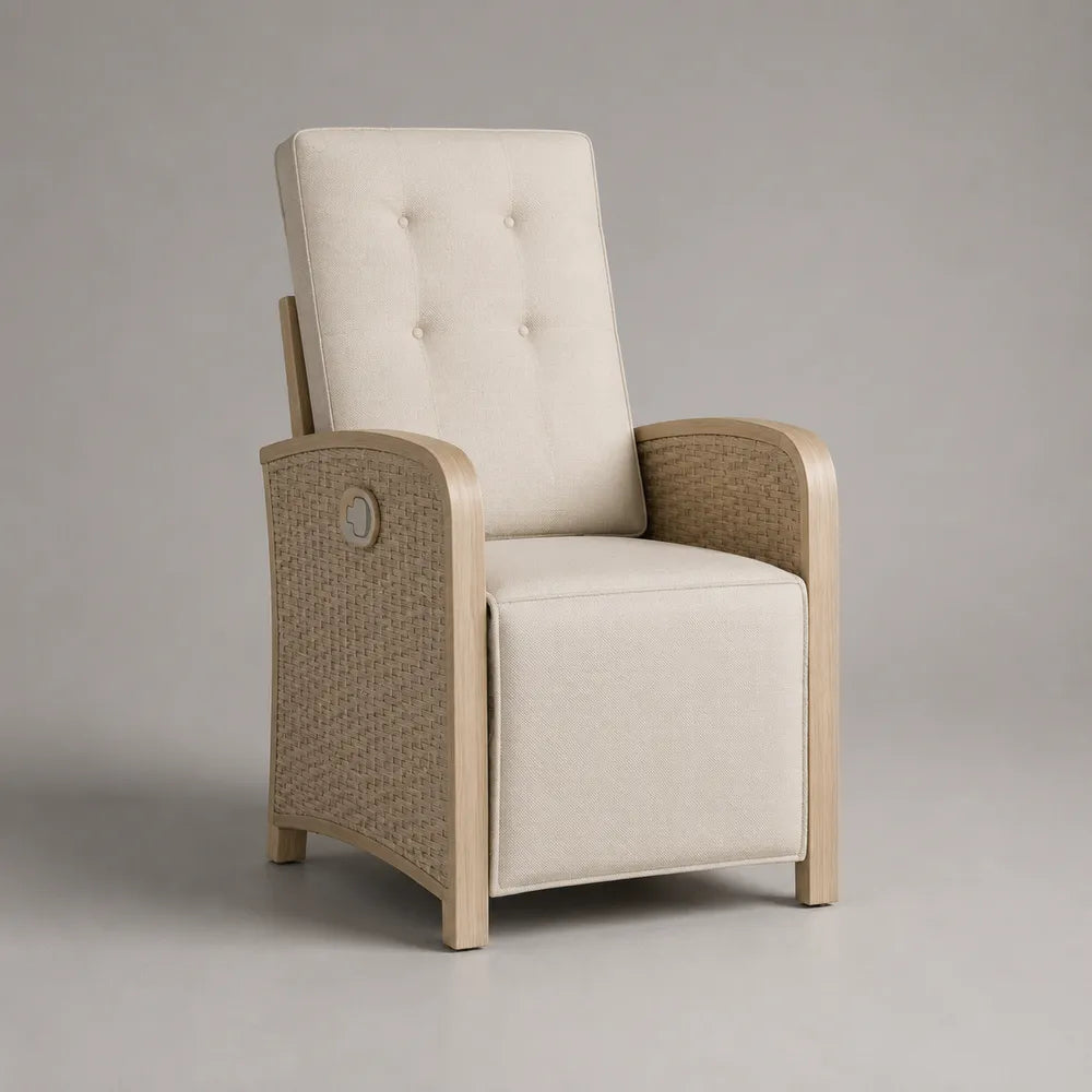 Poltrona da giardino reclinabile in tessuto poliestere beige con struttura in legno e braccioli intrecciati 75x85x105 cm