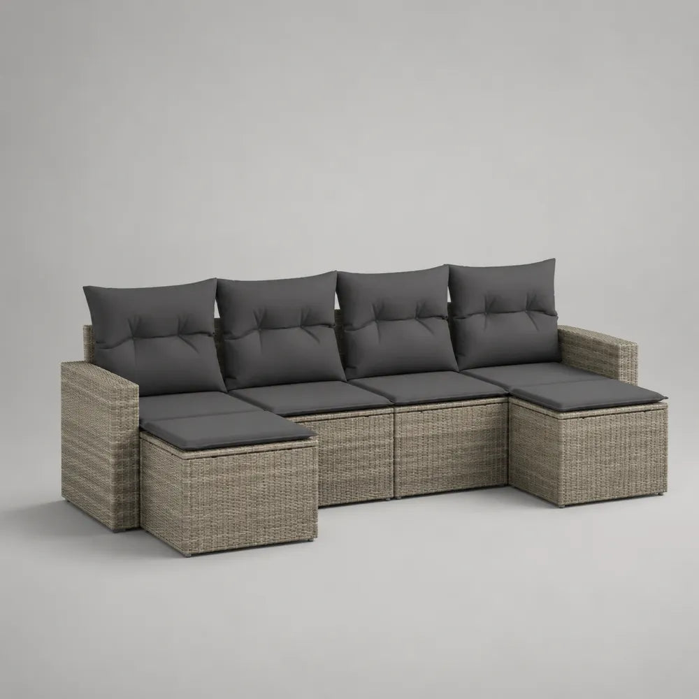 Divano angolare da giardino modulare in rattan sintetico beige con cuscini grigio scuro 300x220x75 cm