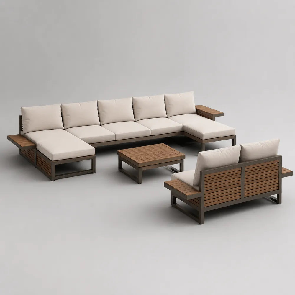 Set divano da giardino angolare con tavolino in alluminio e legno con cuscini beige 300x220x70 cm