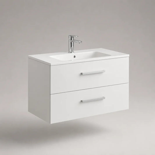 Mobile sottolavabo sospeso in MDF bianco con 2 cassetti e lavabo integrato rettangolare 100x46x50 cm