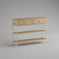 Consolle da ingresso in MDF e metallo con 2 cassetti e ripiani aperti rettangolare beige bianco 120x35x85 cm