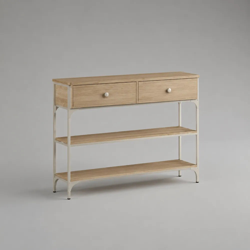Consolle da ingresso in MDF e metallo con 2 cassetti e ripiani aperti rettangolare beige bianco 120x35x85 cm