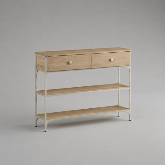 Consolle da ingresso in MDF e metallo con 2 cassetti e ripiani aperti rettangolare beige bianco 120x35x85 cm