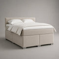 Letto matrimoniale contenitore imbottito in tessuto poliestere beige 160 x 200 cm con testiera e struttura rettangolare