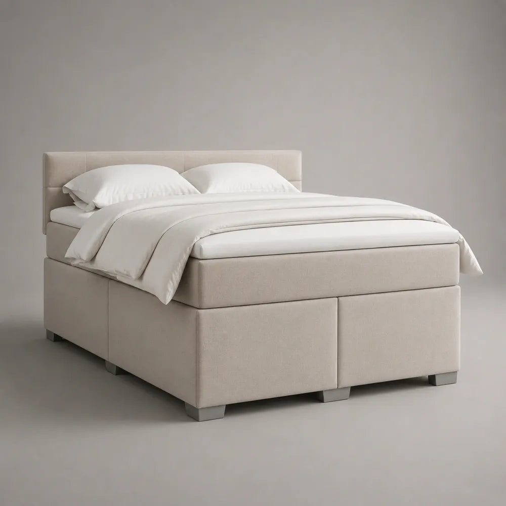 Letto matrimoniale contenitore imbottito in tessuto poliestere beige 160 x 200 cm con testiera e struttura rettangolare