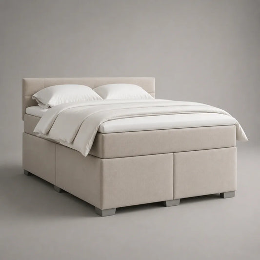 Letto matrimoniale contenitore imbottito in tessuto poliestere beige 160 x 200 cm con testiera e struttura rettangolare
