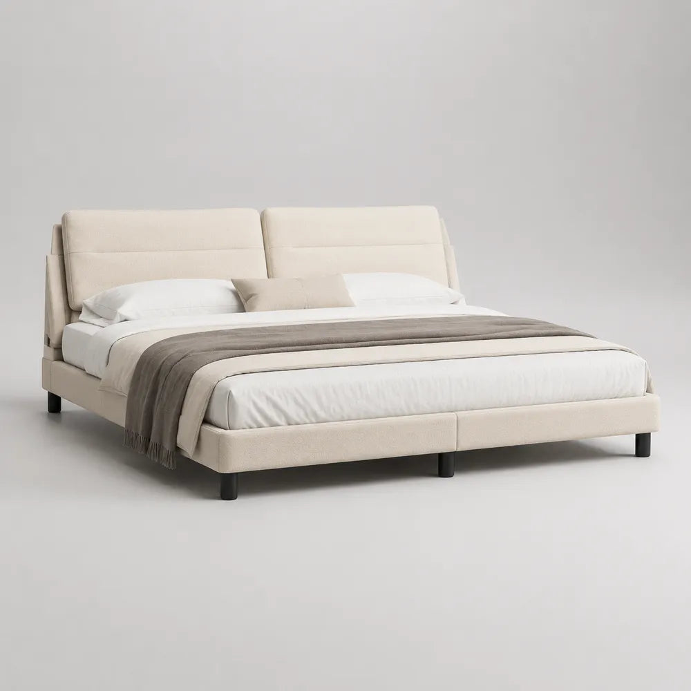Letto matrimoniale imbottito rettangolare 160x200 cm in tessuto poliestere beige con testiera doppia e piedini neri