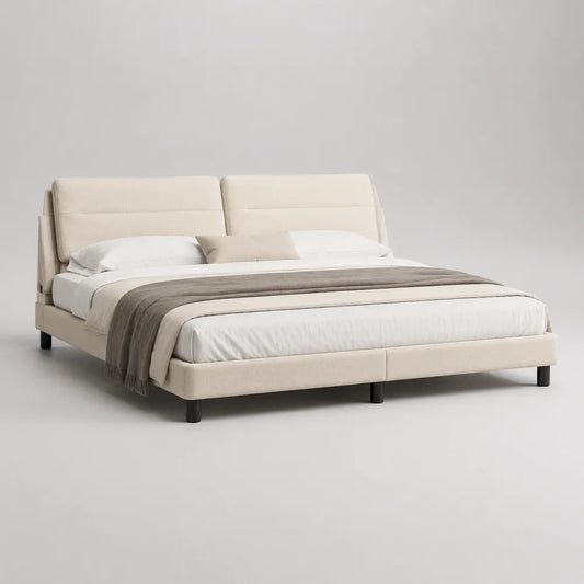 Letto matrimoniale imbottito rettangolare 160x200 cm in tessuto poliestere beige con testiera doppia e piedini neri