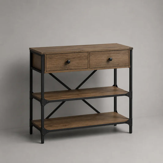 Consolle da ingresso in MDF effetto noce con 2 cassetti e ripiani in acciaio nero 120x35x85 cm
