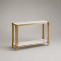 Consolle ingresso rettangolare con 2 ripiani in MDF effetto marmo bianco e struttura in acciaio dorato 120x35x80 cm