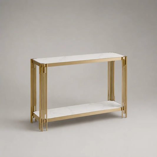 Consolle ingresso rettangolare con 2 ripiani in MDF effetto marmo bianco e struttura in acciaio dorato 120x35x80 cm