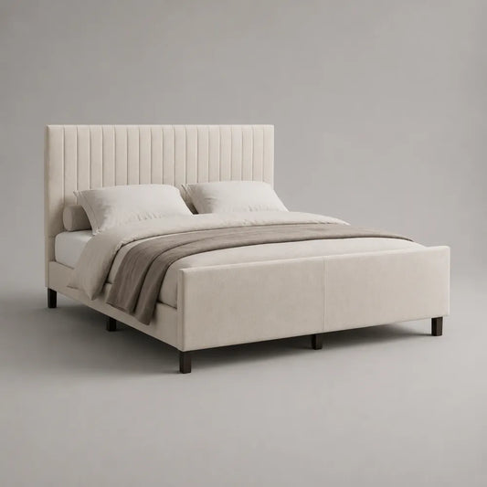 Letto matrimoniale rettangolare 160x200 cm in tessuto poliestere beige con testiera imbottita e piedini neri