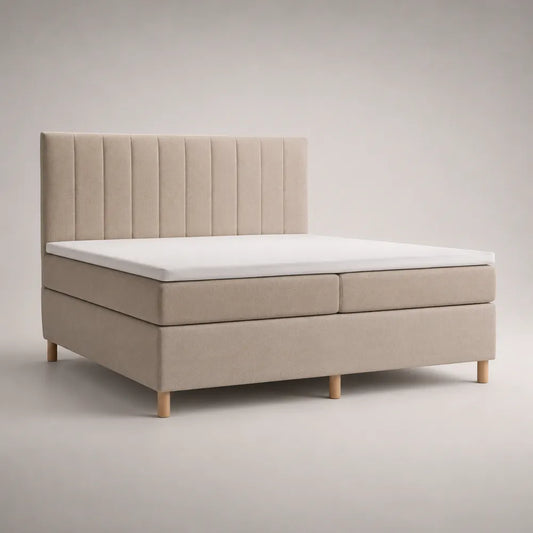 Letto matrimoniale imbottito in tessuto beige 160x200 cm con testiera verticale e piedini chiari