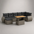 Divano da giardino modulare in rattan sintetico grigio con cuscini neri e tavolino 300x250x70 cm