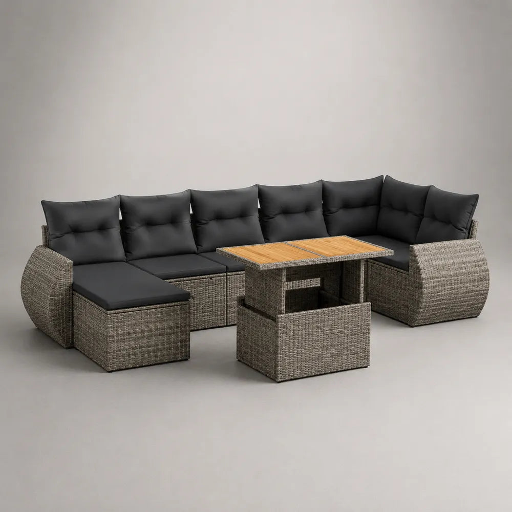 Divano da giardino modulare in rattan sintetico grigio con cuscini neri e tavolino 300x250x70 cm