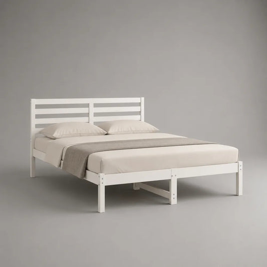 Letto matrimoniale in acciaio verniciato bianco con testiera a doghe 160 x 200 cm