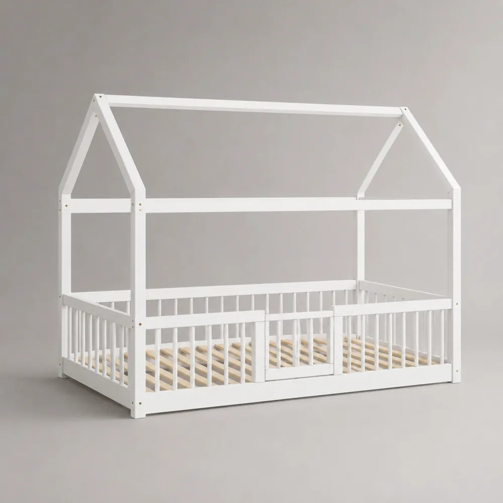 Letto singolo per bambini a casetta in legno di pino bianco 90x200 cm con sponde di sicurezza e rete a doghe