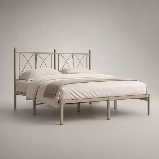 Letto matrimoniale in acciaio verniciato beige 160 x 200 cm con testiera decorativa struttura rettangolare