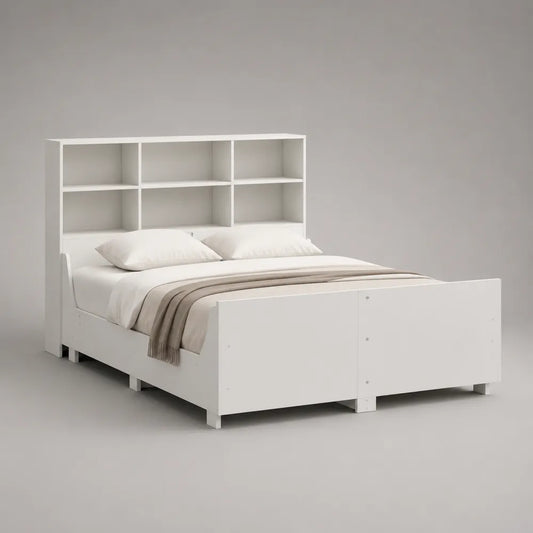 Letto matrimoniale con testiera libreria in MDF bianco 160 x 200 cm