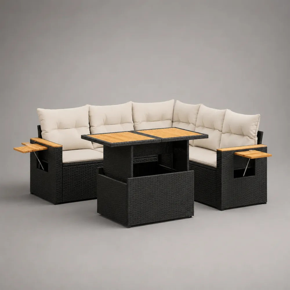 Set divano da giardino angolare con tavolo regolabile in rattan sintetico e alluminio cuscini in poliestere nero beige 300x220x75 cm
