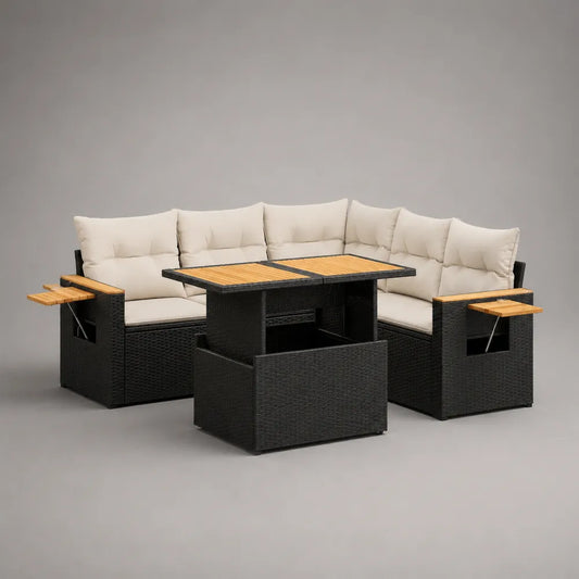 Set divano da giardino angolare con tavolo regolabile in rattan sintetico e alluminio cuscini in poliestere nero beige 300x220x75 cm