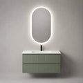 Mobile bagno sospeso con lavabo integrato a 2 cassetti in MDF verde salvia 100x45x50 cm con specchio LED ovale