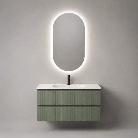 Mobile bagno sospeso con lavabo integrato a 2 cassetti in MDF verde salvia 100x45x50 cm con specchio LED ovale