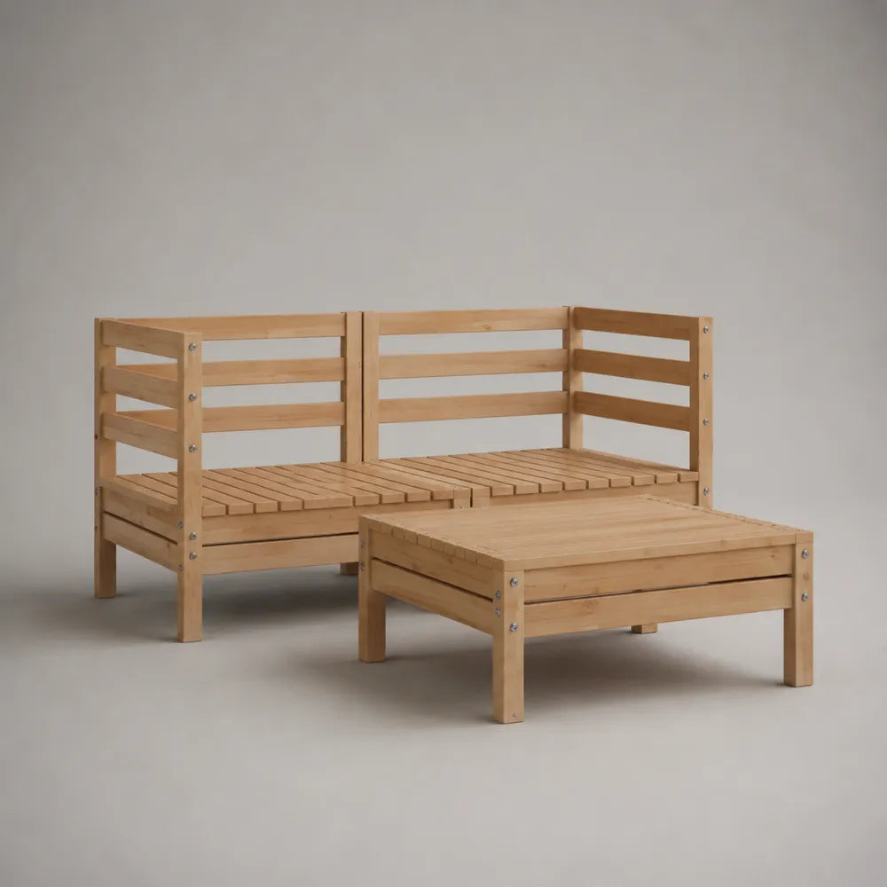 Divano da giardino angolare in legno massello con tavolino coordinato composizione modulare 240x180x75 cm