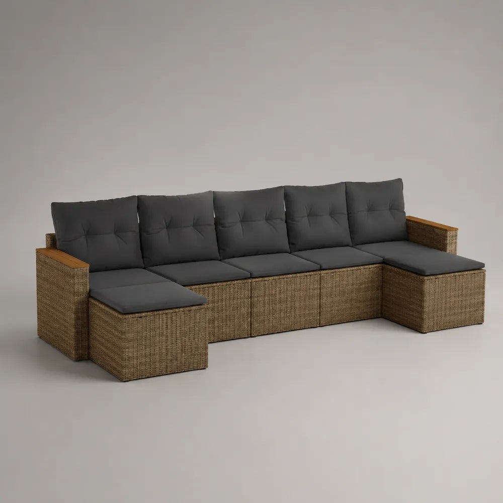 Divano da giardino modulare angolare in rattan sintetico con cuscini in poliestere grigio beige 320x220x70 cm