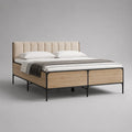 Letto matrimoniale imbottito con testiera in tessuto beige e pannelli MDF effetto legno naturale struttura in metallo nero 160 x 200 cm
