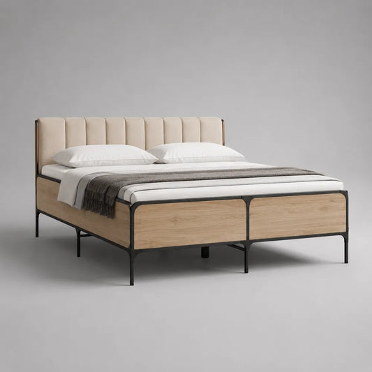 Letto matrimoniale imbottito con testiera in tessuto beige e pannelli MDF effetto legno naturale struttura in metallo nero 160 x 200 cm