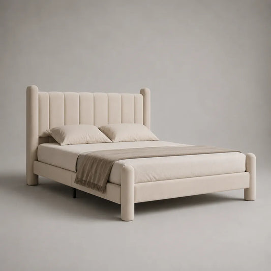 Letto matrimoniale rettangolare 160x200 cm in tessuto poliestere beige con testiera imbottita e piedini cilindrici