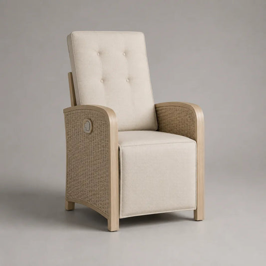 Poltrona da giardino reclinabile in tessuto poliestere beige con struttura in legno e braccioli intrecciati 75x85x105 cm