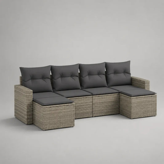 Divano angolare da giardino modulare in rattan sintetico beige con cuscini grigio scuro 300x220x75 cm