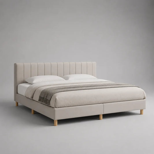Letto matrimoniale imbottito in tessuto beige 160x200 cm con testiera a pannelli struttura rettangolare