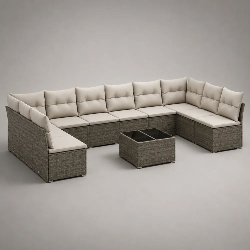 Set divano da giardino angolare modulare con tavolino in rattan sintetico beige e cuscini beige 380x250x75 cm