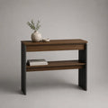 Consolle da ingresso in MDF effetto noce con ripiano aperto e struttura in acciaio nero 120x35x85 cm