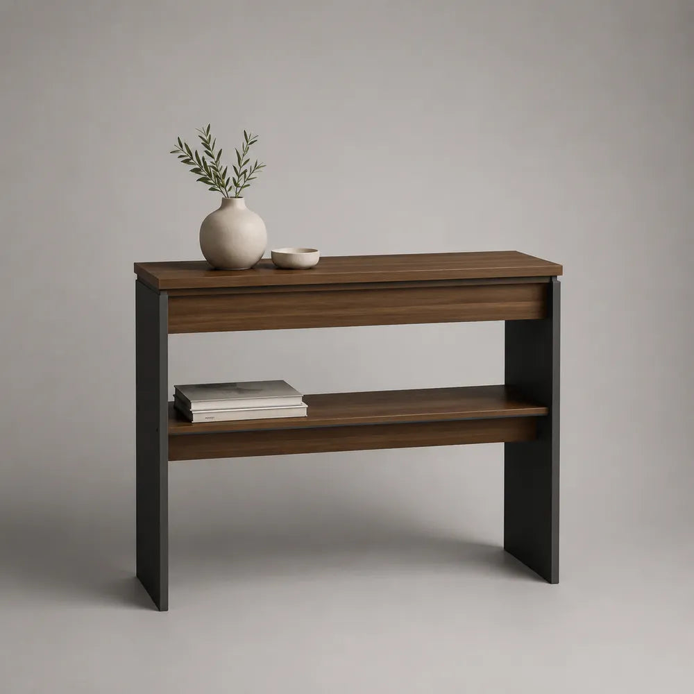 Consolle da ingresso in MDF effetto noce con ripiano aperto e struttura in acciaio nero 120x35x85 cm