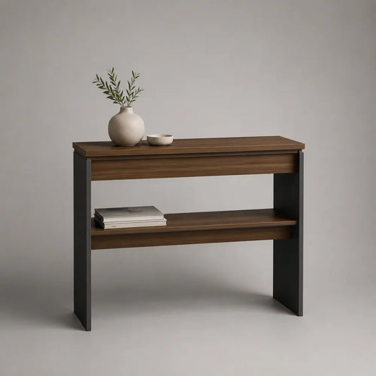 Consolle da ingresso in MDF effetto noce con ripiano aperto e struttura in acciaio nero 120x35x85 cm